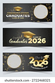Un moderno Paquete de Anuncio de graduación Clase de oro oscuro de 2026 decorado con elegantes gorras, partículas y acentos brillantes
