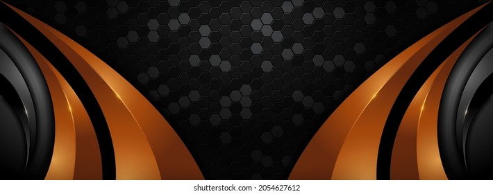 Modern Dark and Golden Orange Combination Background with Futuristic Overlap Layered Style Concept.	