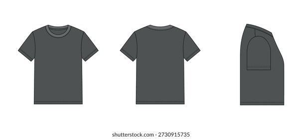 Modern dark gray blank t-shirt technical flat vector with front, back and side views, ideal for fashion designers, apparel branding, clothing mockups and professional garment production use.