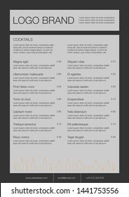 Modern dark gray cocktail menu template. Two column layout with outline design of cocktail glasses. Isolated illustration.