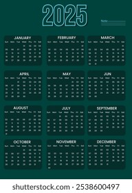 Modern Dark Green 2025 Yearly Calendar with Minimalist Design