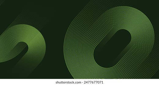 Modern dark green abstract horizontal banner background with glowing geometric lines. Shiny green diagonal rounded lines pattern. Futuristic concept.