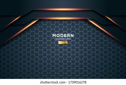 modern dark green premium vector background banner with golden light lines in hexagon texture.