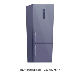 Modern dark grey cartoon refrigerator illustration with digital display. vector for kitchen appliances, electronics catalogs, home interior design projects, and online store visuals.