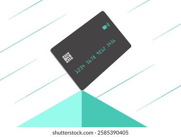 A modern dark grey credit card is seen atop a pyramid with a striped light green background in this 3-d illustration.