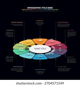 Elemento infográfico oscuro moderno con un título central y múltiples opciones en forma de hexágono, cada una con un icono y un área de texto. Esta infografía es perfecta para presentar información de forma clara y atractiva
