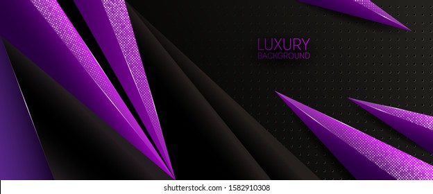 Modern dark luxury abstract background with purple shining triangles. Horisontal ads banner template
