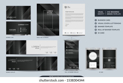 Modern dark metal stationery mock up set and visual brand identity with abstract overlap layers background . Vector illustration mock up for branding, cover, card, product, event, banner, website. 