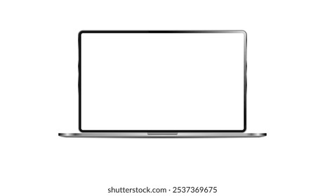 Modern dark metal thin frame laptop mockup. Realistic laptop front view. Blank screen display notebook. Opened computer screen.	