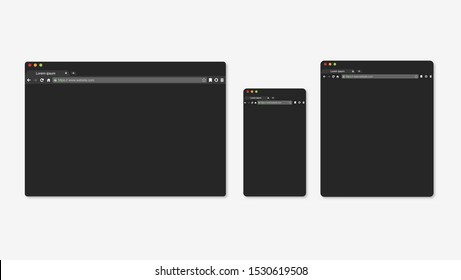 Diseño moderno de ventana de modo oscuro aislado en fondo blanco. Modelación de la pantalla de la ventana web para portátil, tablet y teléfono.