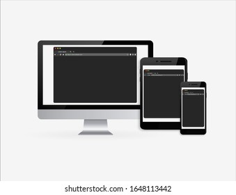 Modern Dark Mode Browser Window Design. Web Window Screen Mockup For Laptop, Tablet And Phone.
