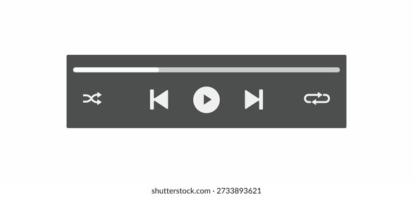 Vetor de interface de player de mídia de modo escuro moderno com barra de progresso, botões de reprodução, pausa, embaralhamento e repetição