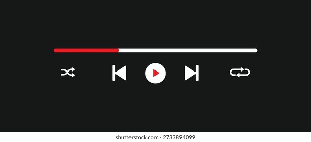 Vetor de interface de player de mídia de modo escuro moderno com barra de progresso vermelha, botão de reprodução, embaralhar e ícones de repetição