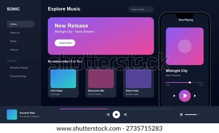 A modern dark mode music streaming application interface featuring a desktop dashboard with navigation menus and a mobile phone mockup displaying a music player screen.