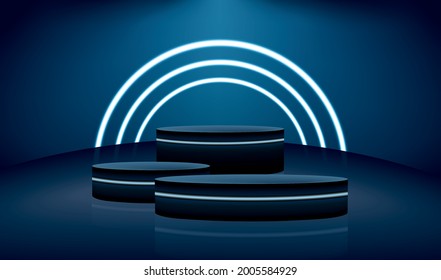 Modern dark navy blue cube pedestal podium. Glowing neon ring. Abstract modern vector rendering 3d shape for cosmetic products display.