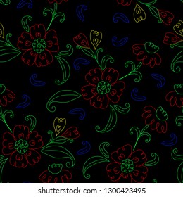 Modern dark pattern with colorful flower drawings. Hand drawn seamless vector pattern, black background. Basic colors floral elements in yellow, red, green and blue. Neon lights illusion. 