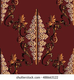 Modern dark red baroque damask floral vector seamless pattern background wallpaper illustration with vintage abstract black and gold 3d antique medieval grapes, flowers and ornaments.