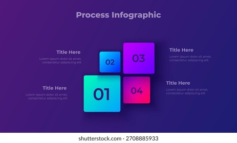 Infografía moderna de bloques de pasos oscuros. Diagrama de proceso cuadrado de Vector de degradado para flujo de trabajo, estructura y presentación comercial con 4 pasos, opciones o procesos