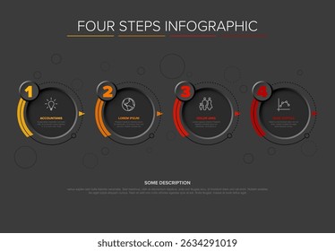 Modern dark template with four steps infographic diagram designed horizontally. Use to display process steps or options easily in a presentation. This four steps infographic is a useful template.