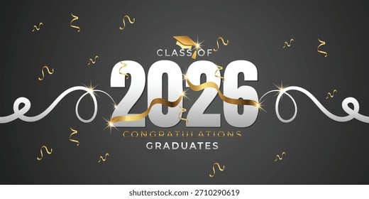 Moderno Anuncio de graduación de la Clase de temática oscura de 2026 con tipografía plateada y acentos decorativos de cinta