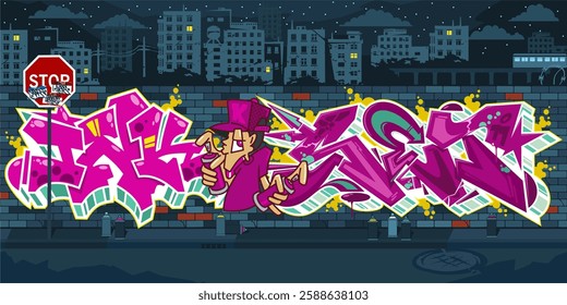 Modern Dark Urban Graffiti Wall With Drawings At Night Against The Background Of The Cityscape