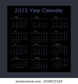 Modern dark vector calendar for the whole year 2025
