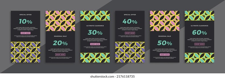 Modern dark vertical promotional web banners with geometric pattern. Set of trendy sale and discount promo backgrounds for social media mobile app stories. Simple vector editable background EPS 10