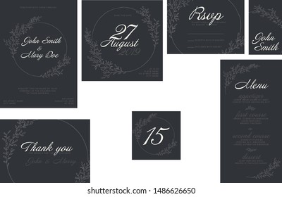 Modern dark Wedding suite collection card templates with light labels and floral decorations - invitation, save the date card, rsvp, thank you card, table number, table name card, menu