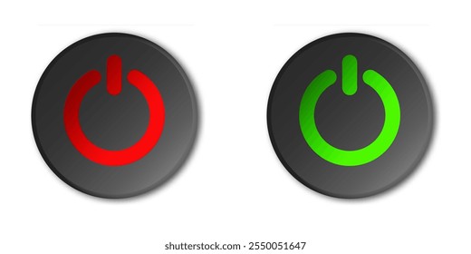  Modern dark-themed red and green power buttons, vector icons.