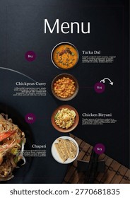 A modern, dark-themed restaurant menu poster featuring traditional Indian cuisine. The layout includes circular food photography for Tarka Dal, Chana Masala, Biryani, and Chapati with elegant typography and price placeholders. Ideal for culinary branding, restaurant marketing, and digital menu displays.
