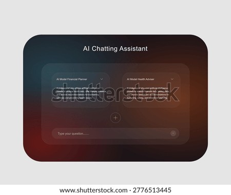 A modern, dark-themed UI design for an AI chatting assistant featuring two selectable model cards for a financial planner and a health adviser.