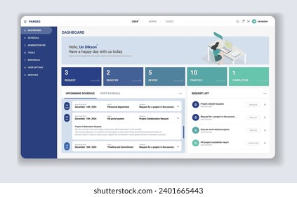Modern dashboard design. Main dashboard presented with colorful step process. This is a clean and  neat page. 