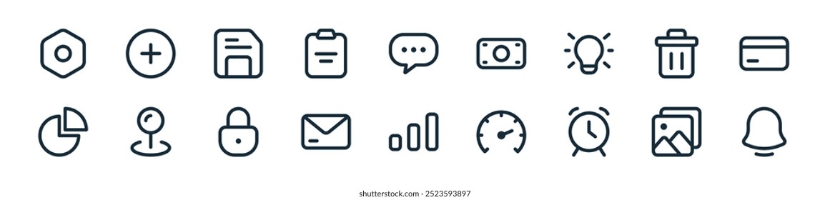 modern dashboard icon pack. perfect for linear ui designs featuring vector notification, image, alarm, speedometer, graphic, mail, lock and more icons for mobile and web apps.