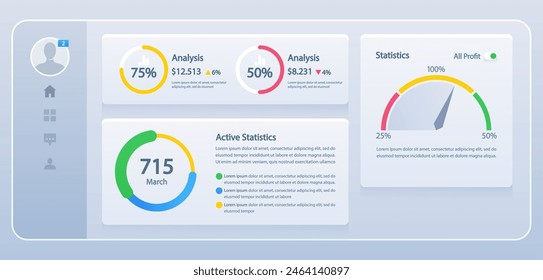 Modern dashboard interface with detailed infographics representing business analytics