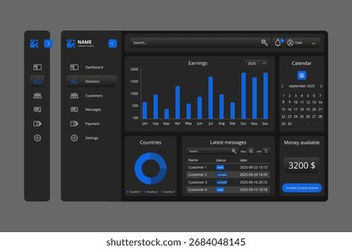 Modelo de Painel Moderno para Aplicativos Web e Móveis. Design de interface do usuário com vários elementos de interface do usuário, como gráficos, navegação por barra lateral, cartões, estatísticas. Perfeito para painéis de administração.