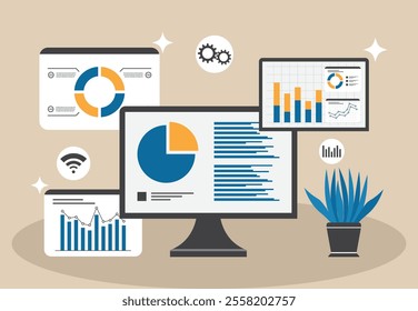 Modern Data Analysis and Business Analytics Visualization on Multiple Screens with Charts and Graphs in a Workspace Setting.