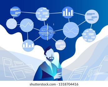 Modern data analysis, finance statistic, data come out from phone, flat style illustration 