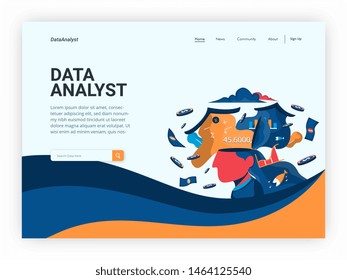 Modern data analysis, finance statistic, data come out from phone, flat style illustration website header flow fluid style