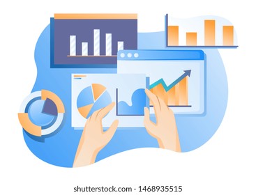  Modern data analysis, finance statistic, data come out from phone, flat style illustration 