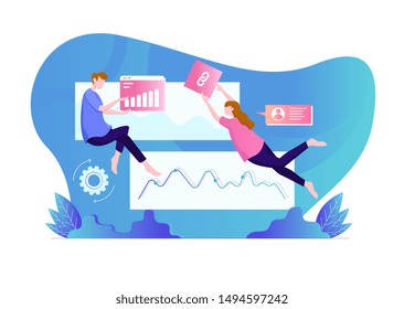 Modern data analysis, finance statistic, data come out from phone, flat style illustration 