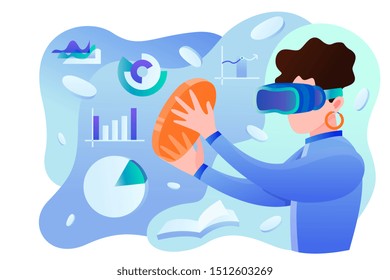 Modern data analysis, finance statistic, data come out from phone, flat style illustration 