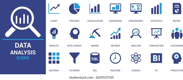 Conjunto de ícones de análise de dados modernos com gráficos, painéis, relatórios, métricas, SQL, BI e previsões. Ideal para aplicativos, Web e infográficos de negócios.