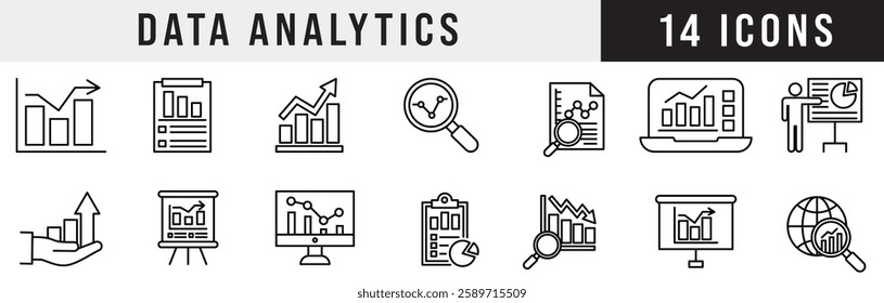 Modern Data Analytics Icon Collection. Minimalist Vector Illustrations for Dashboards, Reports, Infographics, and Business Presentations. Perfect for Web Design, Mobile Apps, SaaS Platforms