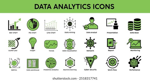 Modern data analytics icons. Data analytics icons for business intelligence, reporting, and digital marketing tools. Charts, graphs, and analytics symbols for professional use.