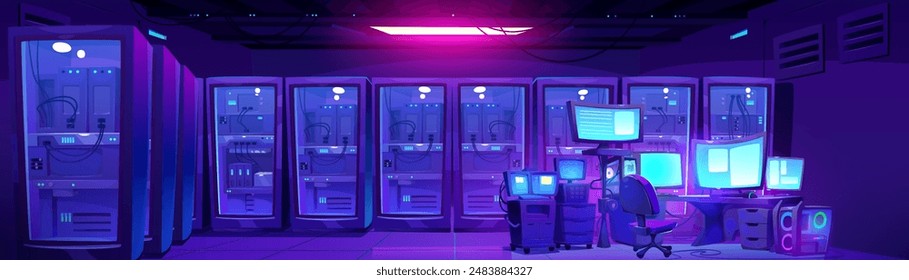 Centro de datos moderno con lugar de trabajo de administración. Ilustración de dibujos animados de Vector de sala oscura con computadoras de escritorio, equipo de tecnología de la información para almacenamiento en la nube, control de seguridad cibernética, minería de criptografía