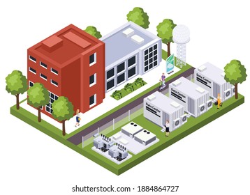 Modern Data Center Building Complex Computer Storage Systems Housing Telecommunications Components Isometric Exterior View Vector Illustration