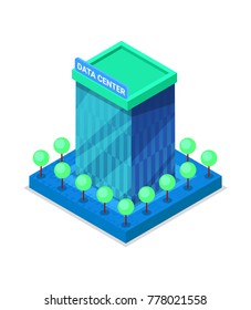 Modern Data Center Building Isometric 3D Icon. Data Storage, Computer Innovation Technology Infrastructure Vector Illustration.