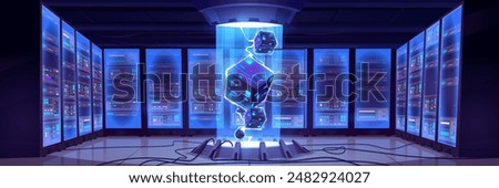 Modern data center with computer servers. Vector cartoon illustration of dark room with information technology equipment for cloud storage, cyber security control, crypto mining, blue light portal