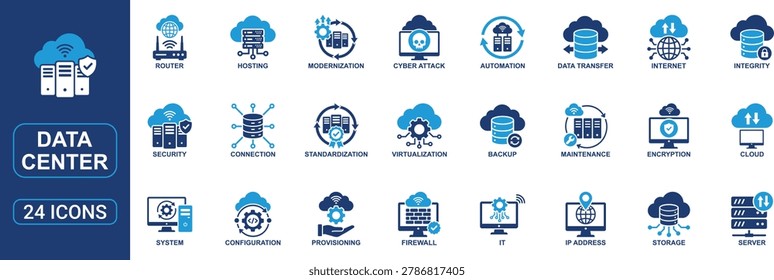 Modern data center icon set in flat style featuring server, cloud storage, backup, cyber security, hosting, virtualization, automation, firewall, router, internet, encryption, maintenance, configuration, provisioning, IT infrastructure, data transfer, monitoring, storage, and cloud computing symbols. Perfect for technology platforms, hosting services, cybersecurity systems, IT dashboards, network management, enterprise applications, and digital infrastructure projects. Professional vector icon collection for data center and cloud technology concepts.