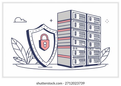 Ilustración moderna del centro de datos Servidor de nube segura, rack de red e infraestructura digital